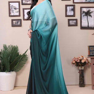 Morpich Green Solid Satin Ready To Wear Ombre Saree