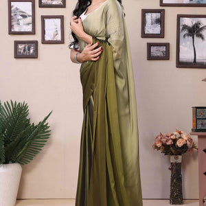 Mehendi Green Solid Satin Ready To Wear Ombre Saree