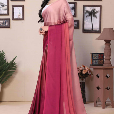 Magenta Solid Satin Ready To Wear Ombre Saree