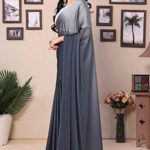 Grey Solid Satin Ready To Wear Ombre Saree