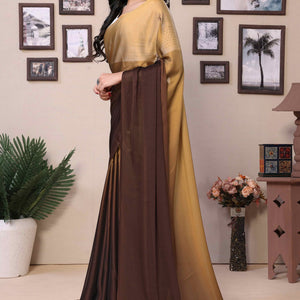 Brown Solid Satin Ready To Wear Ombre Saree