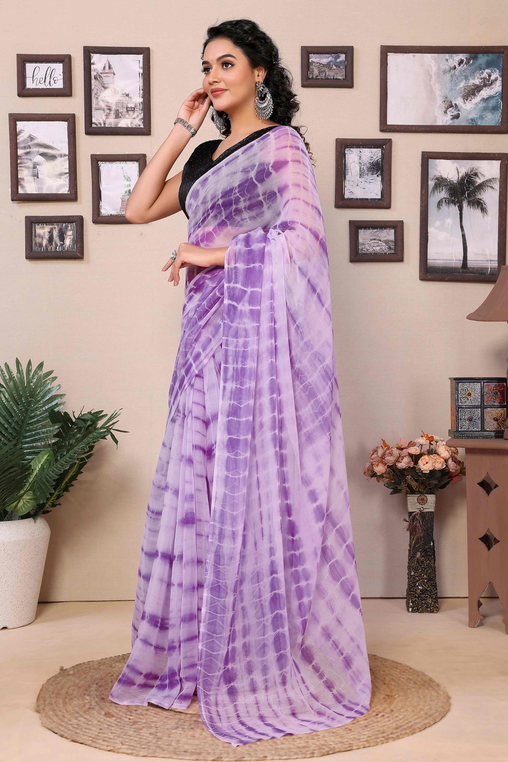 Lavender Shibori Printed Georgette Ready To Wear Saree