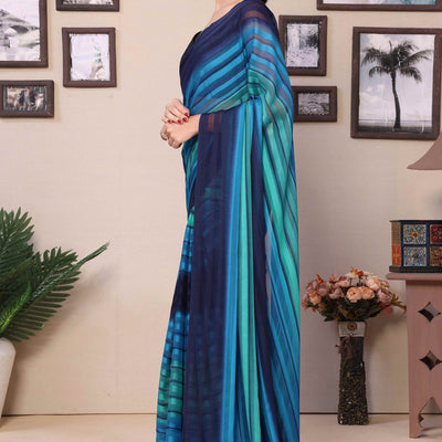 Blue Striped Printed Georgette Satin Patta Ready To Wear Saree
