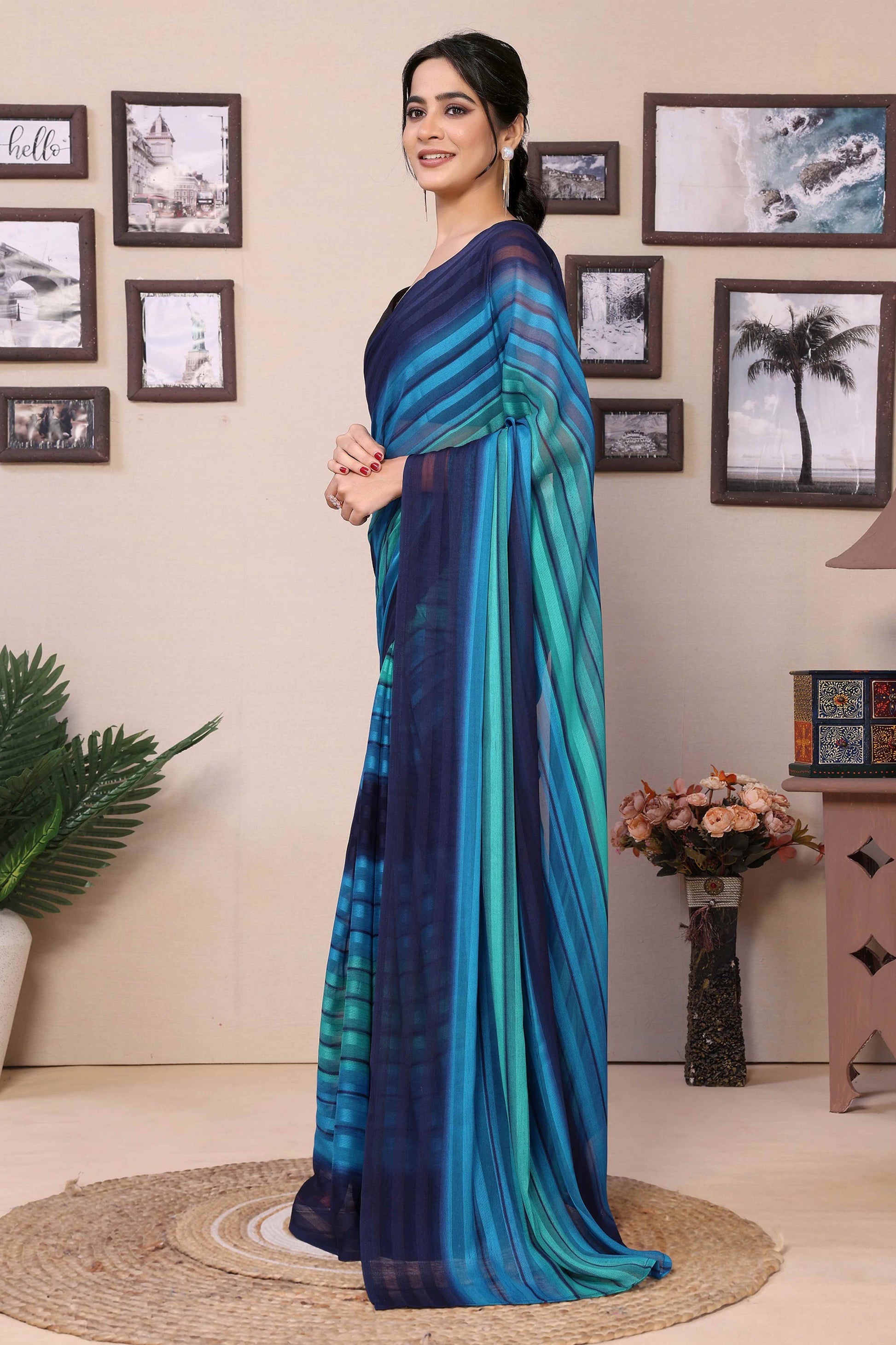 Blue Striped Printed Georgette Satin Patta Ready To Wear Saree