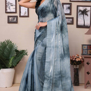 Grey Printed With Diamond Work Zimmi Choo Organza Ready To Wear Saree