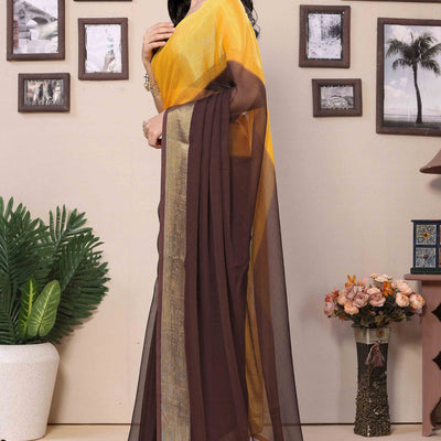 Brown & Yellow Solid With Zari Woven Border Chiffon Ready To Wear Ombre Saree