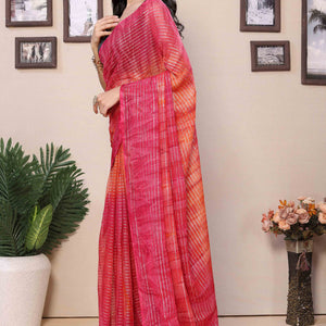 Magenta & Orange Striped Zari With Digital Printed Georgette Ready To Wear Saree