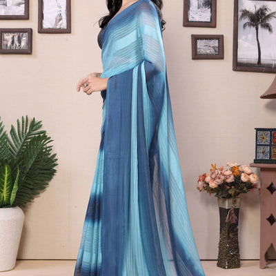 Blue Striped Zari With Digital Printed Georgette Ready To Wear Saree
