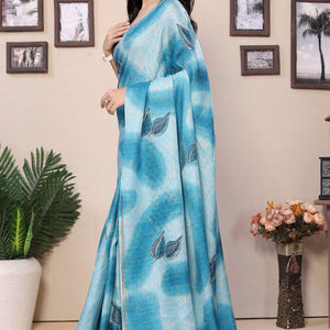Blue Woven With Printed Silk Ready To Wear Saree