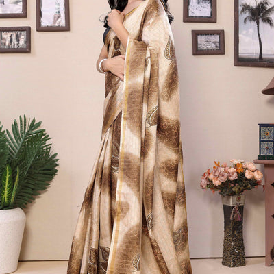 Brown Woven With Printed Silk Ready To Wear Saree