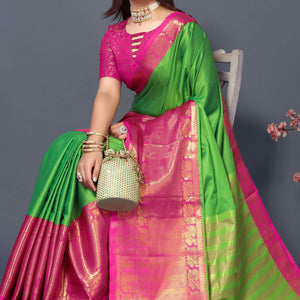 Fresh Green Zari Weaving Cotton Silk Saree