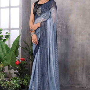 Grey Striped Zari Woven Art Silk Ready To Wear Saree