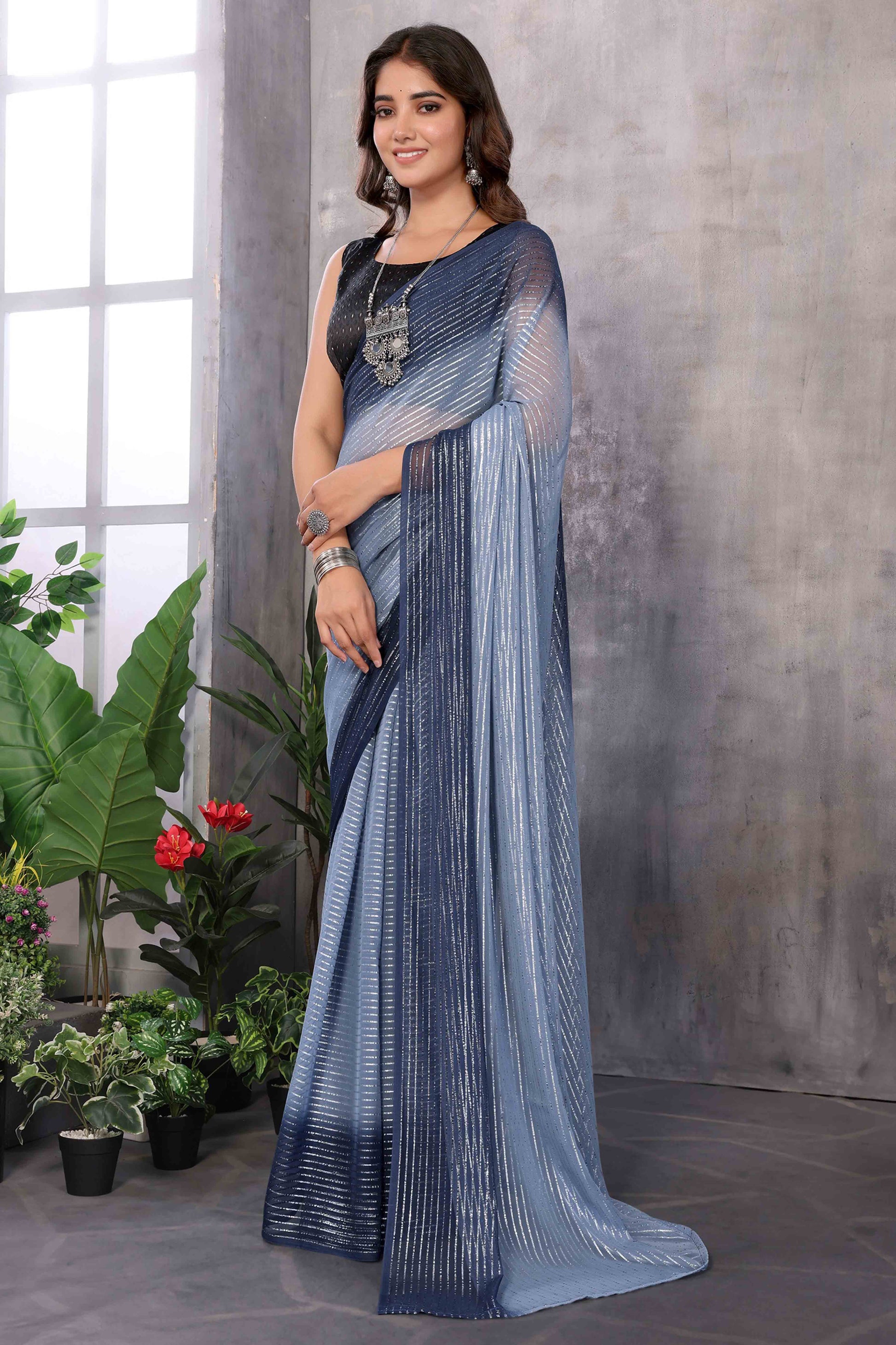 Grey Striped Zari Woven Art Silk Ready To Wear Saree