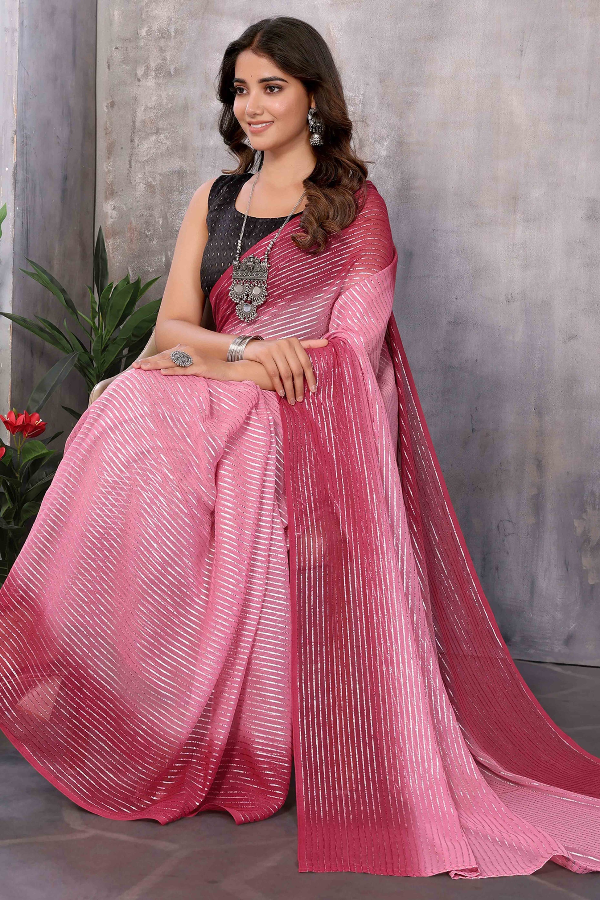 Maroon Striped Zari Woven Art Silk Ready To Wear Saree