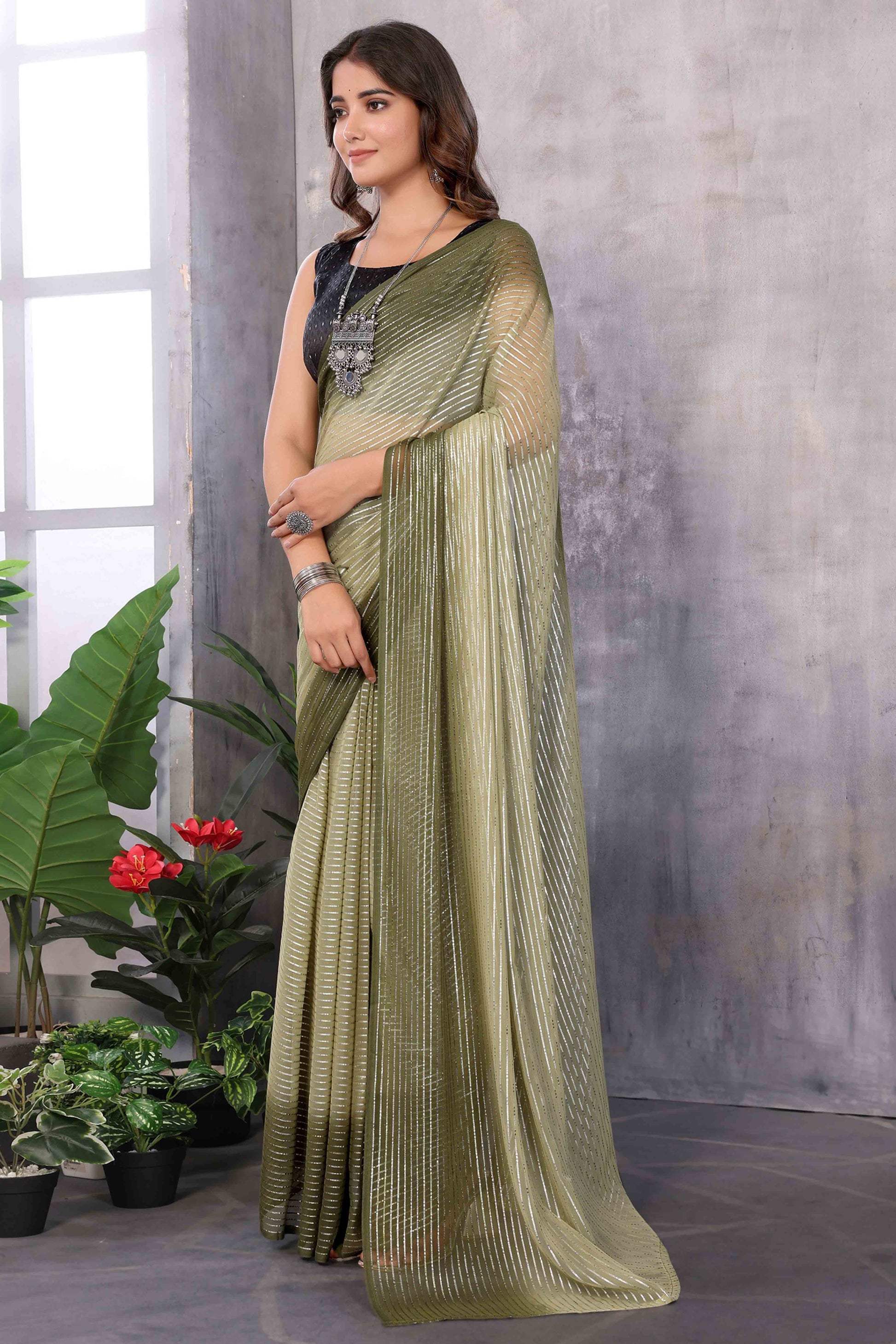 Mehendi Green Striped Zari Woven Art Silk Ready To Wear Saree