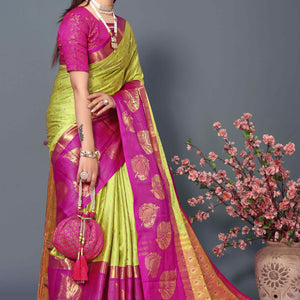 Lime Yellow Zari Weaving Cotton Silk Saree