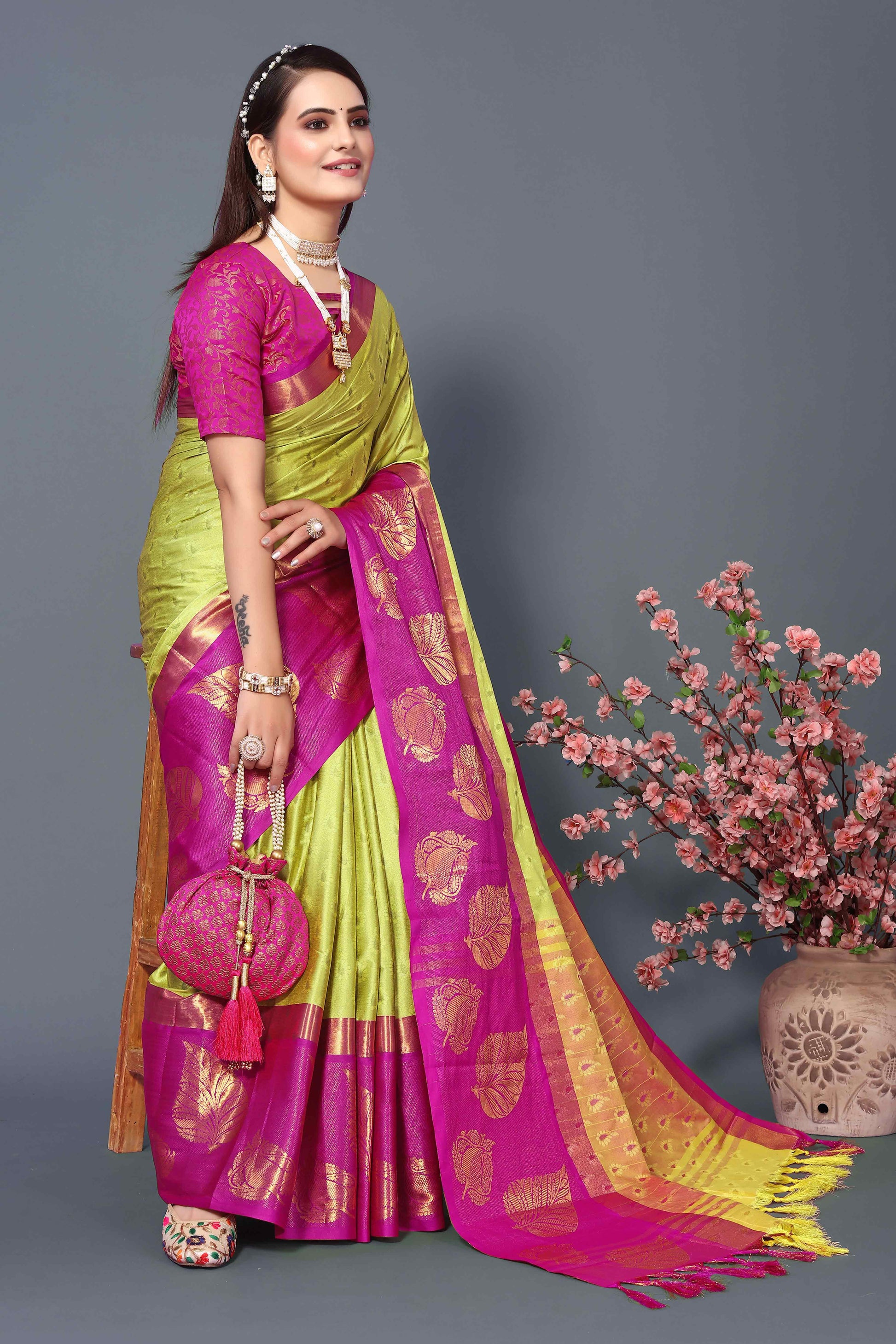 Lime Yellow Zari Weaving Cotton Silk Saree