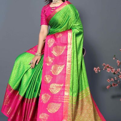 Lemon Green Zari Weaving Cotton Silk Saree