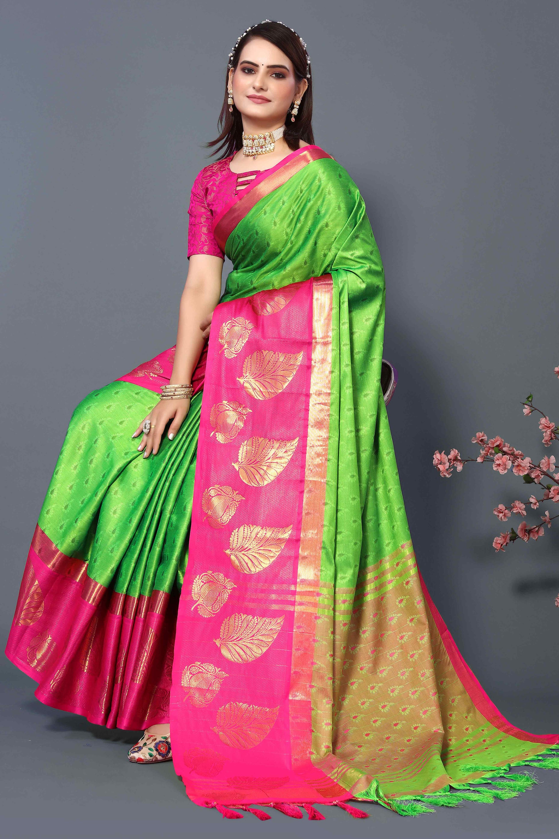 Lemon Green Zari Weaving Cotton Silk Saree