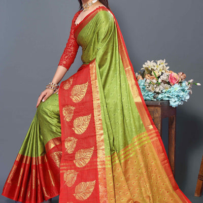 Light Green Zari Weaving Cotton Silk Saree