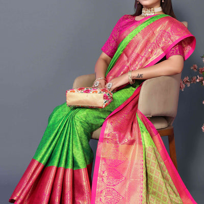 Lemon Green Zari Weaving Cotton Silk Saree