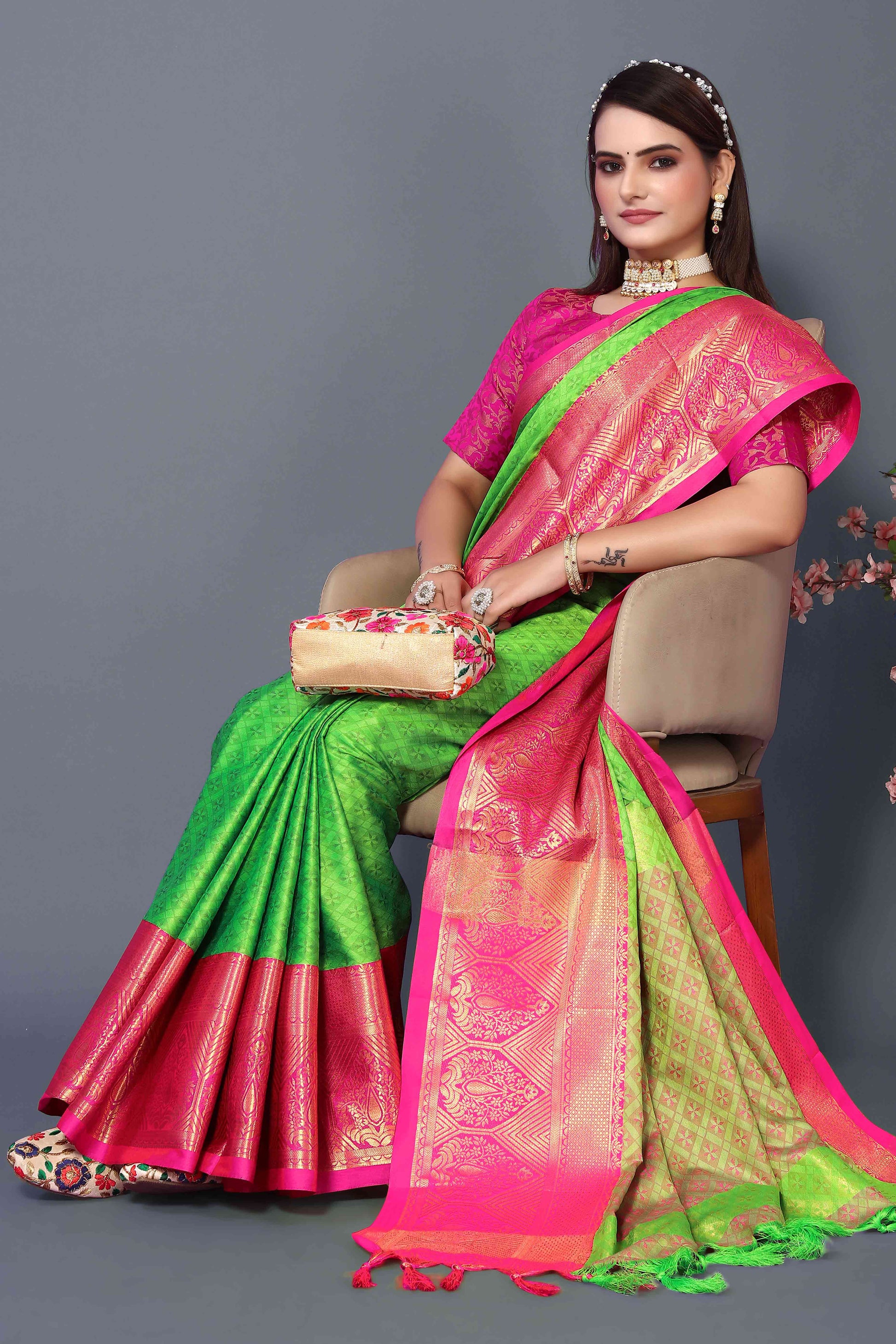 Lemon Green Zari Weaving Cotton Silk Saree