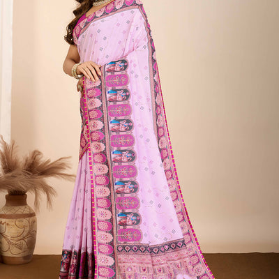 Light Purple Digital Print with Embroidery Work Muslin Saree