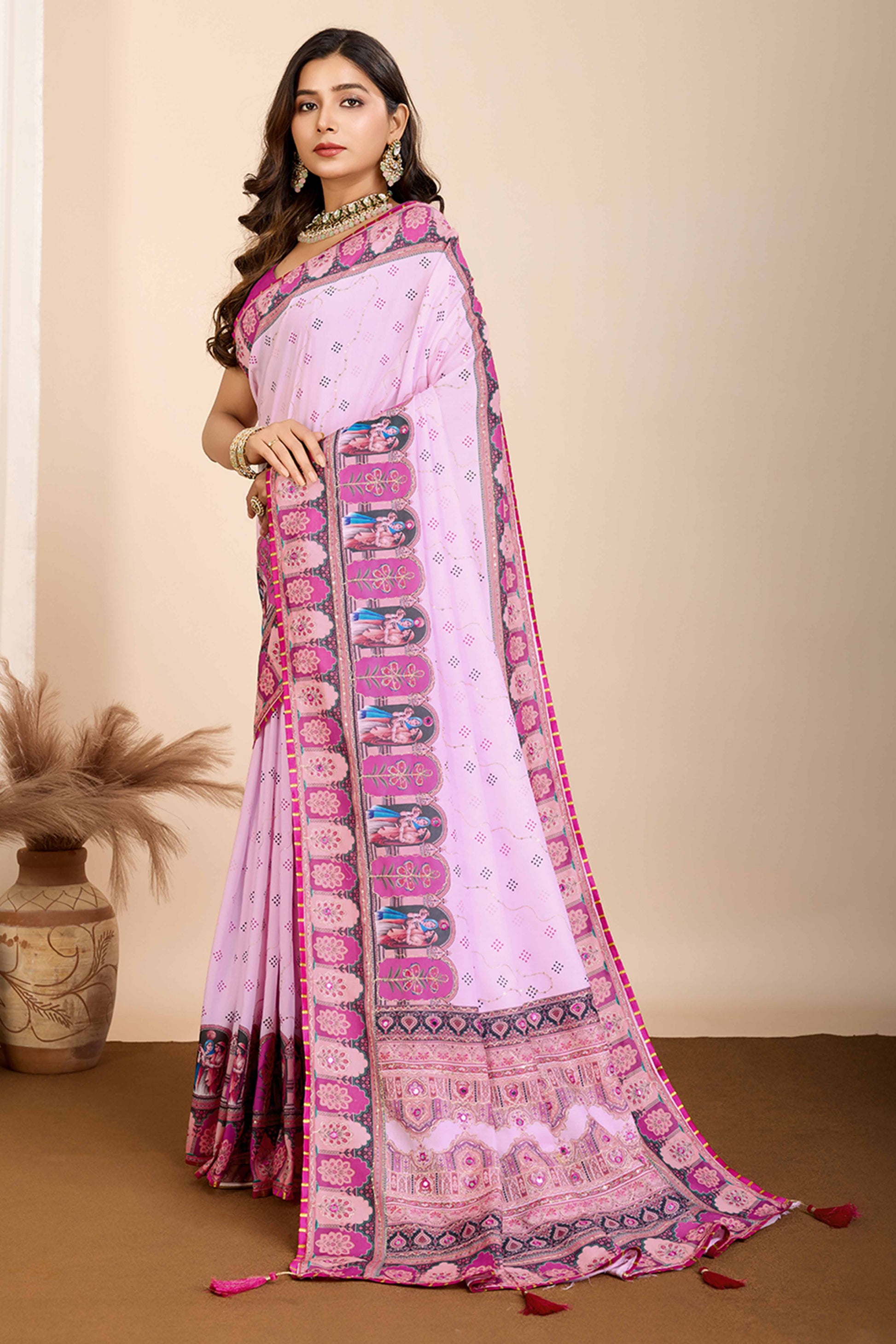 Light Purple Digital Print with Embroidery Work Muslin Saree