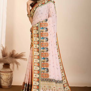 Cream Digital Print with Embroidery Work Muslin Saree
