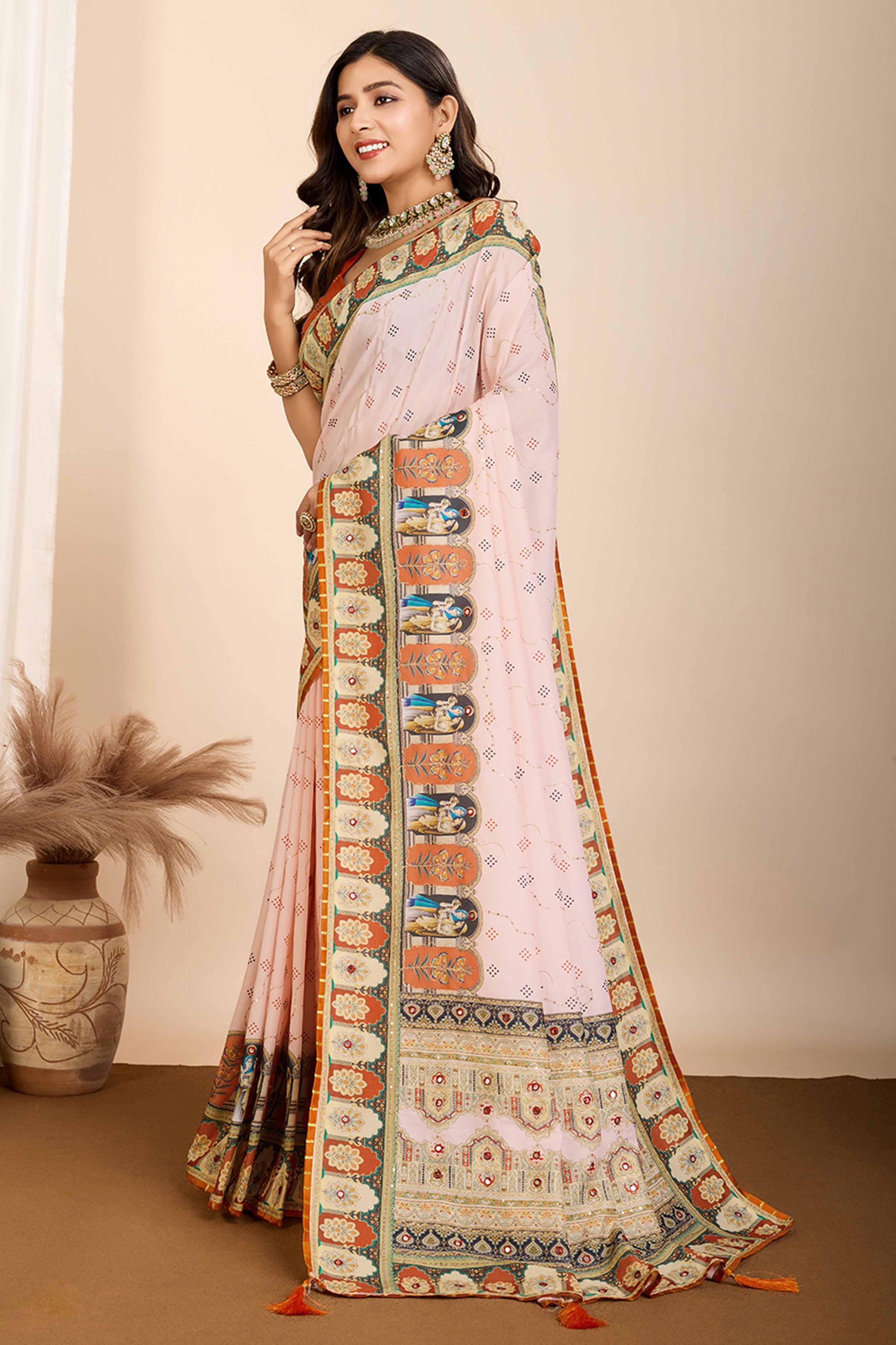 Cream Digital Print with Embroidery Work Muslin Saree