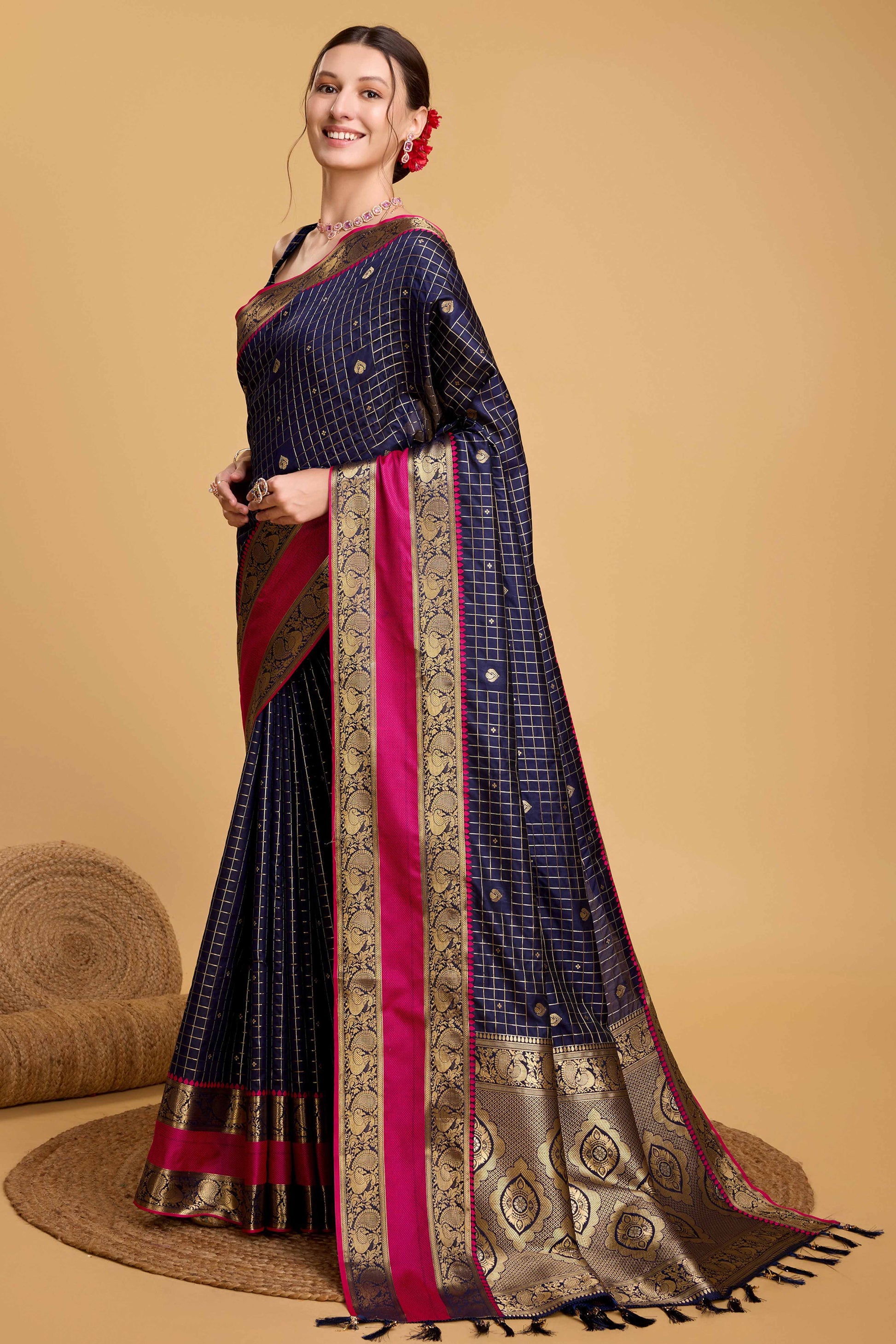 Dark Blue Zari Weaving Banarasi Silk Saree