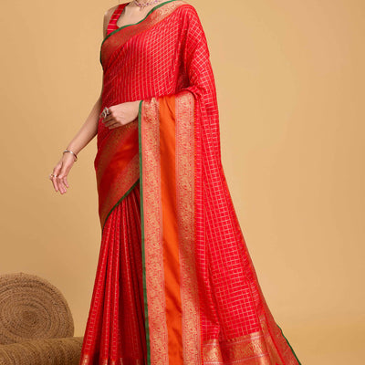 Cherry Red Zari Weaving Banarasi Silk Saree