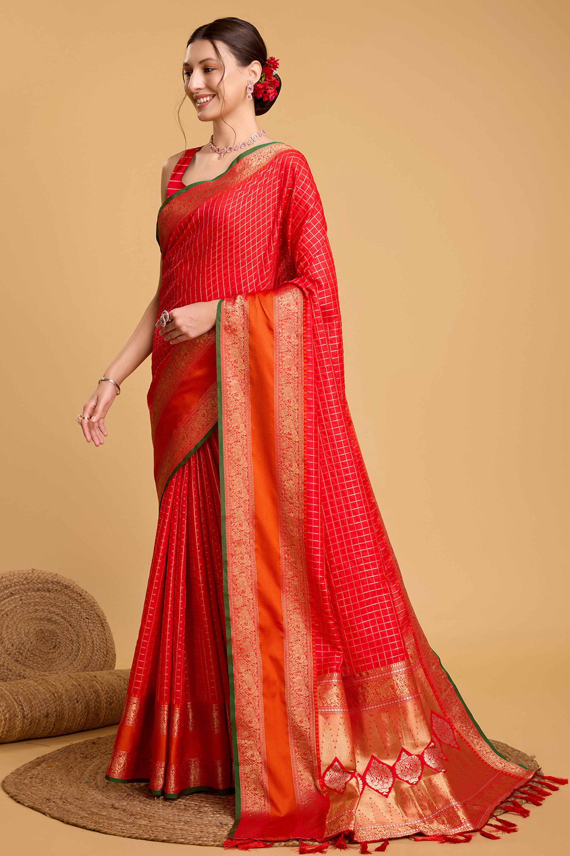 Cherry Red Zari Weaving Banarasi Silk Saree