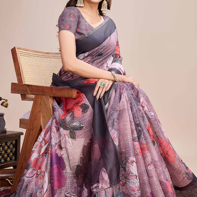 Dusky Purple Floral Printed Linen Saree