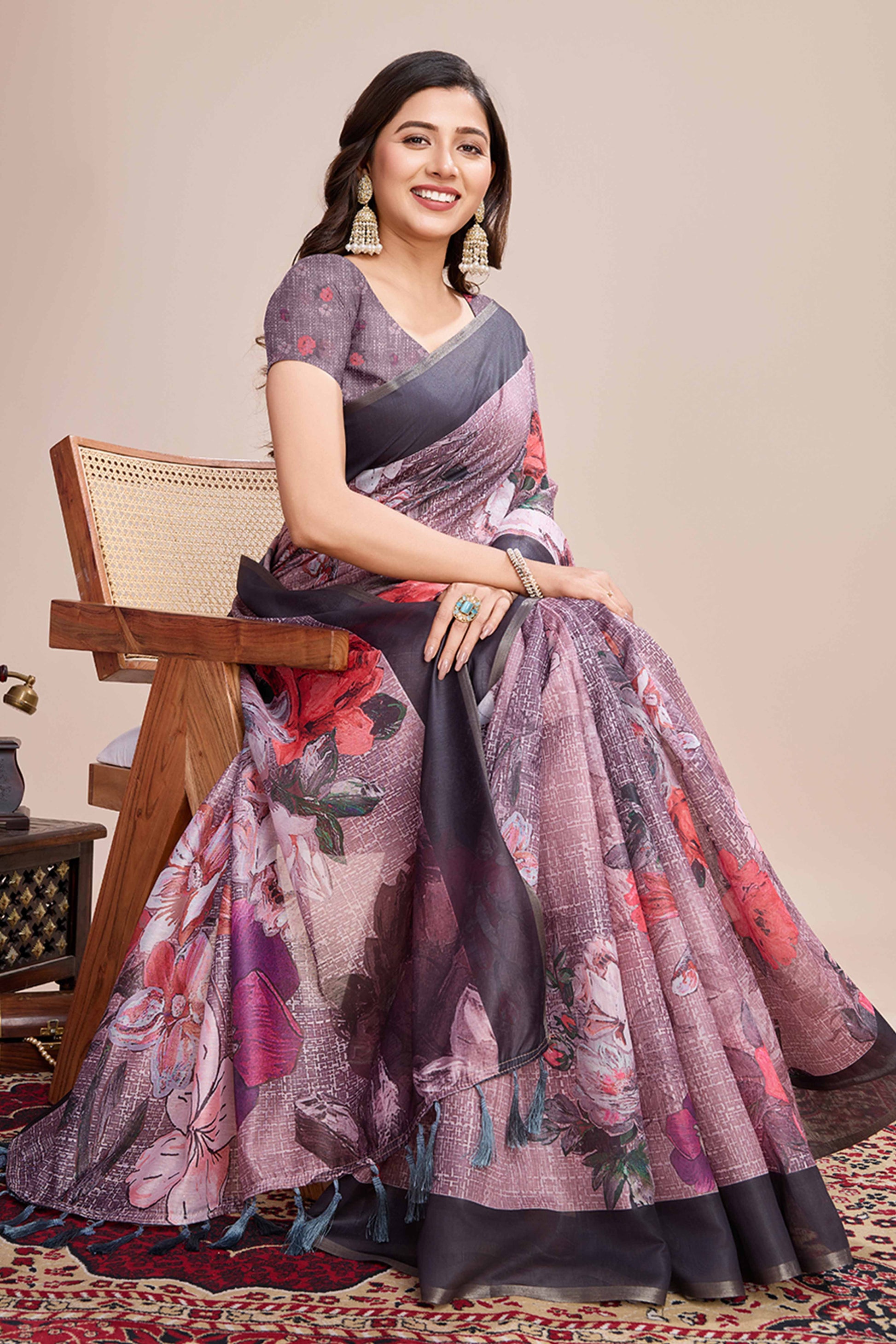 Dusky Purple Floral Printed Linen Saree