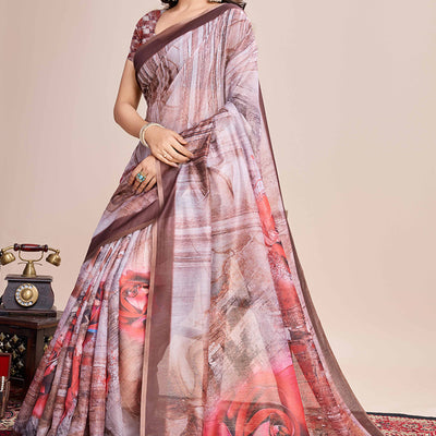 Coffee Brown Floral Printed Linen Saree