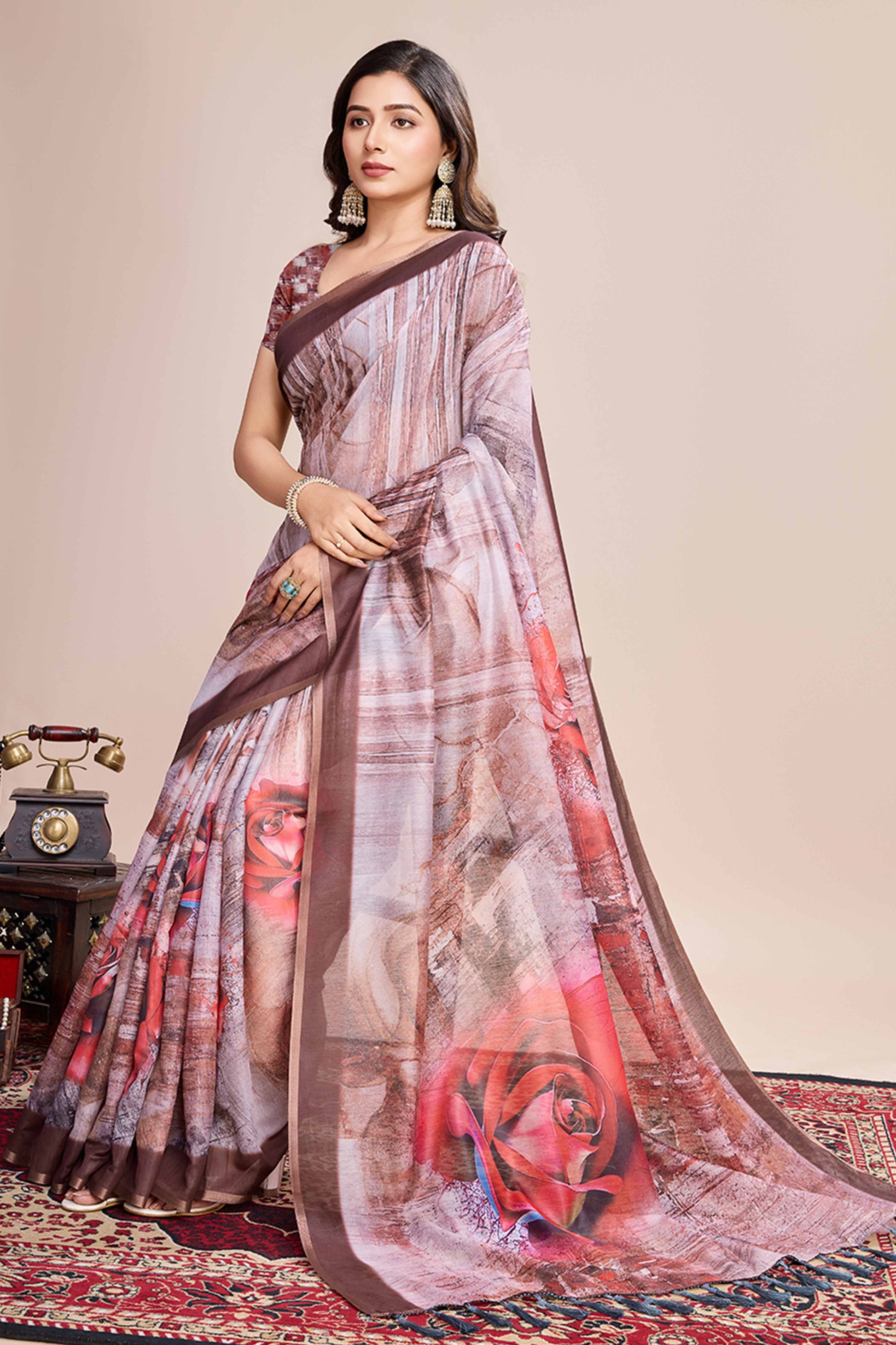Coffee Brown Floral Printed Linen Saree