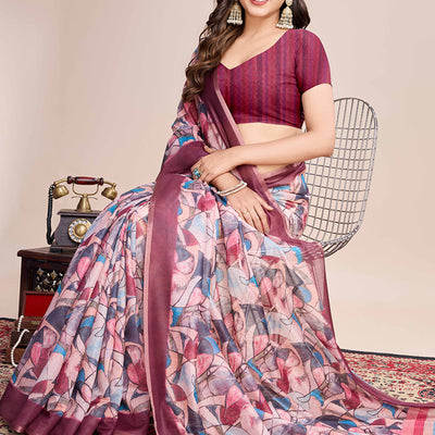 Multicolor Floral Printed Linen Saree