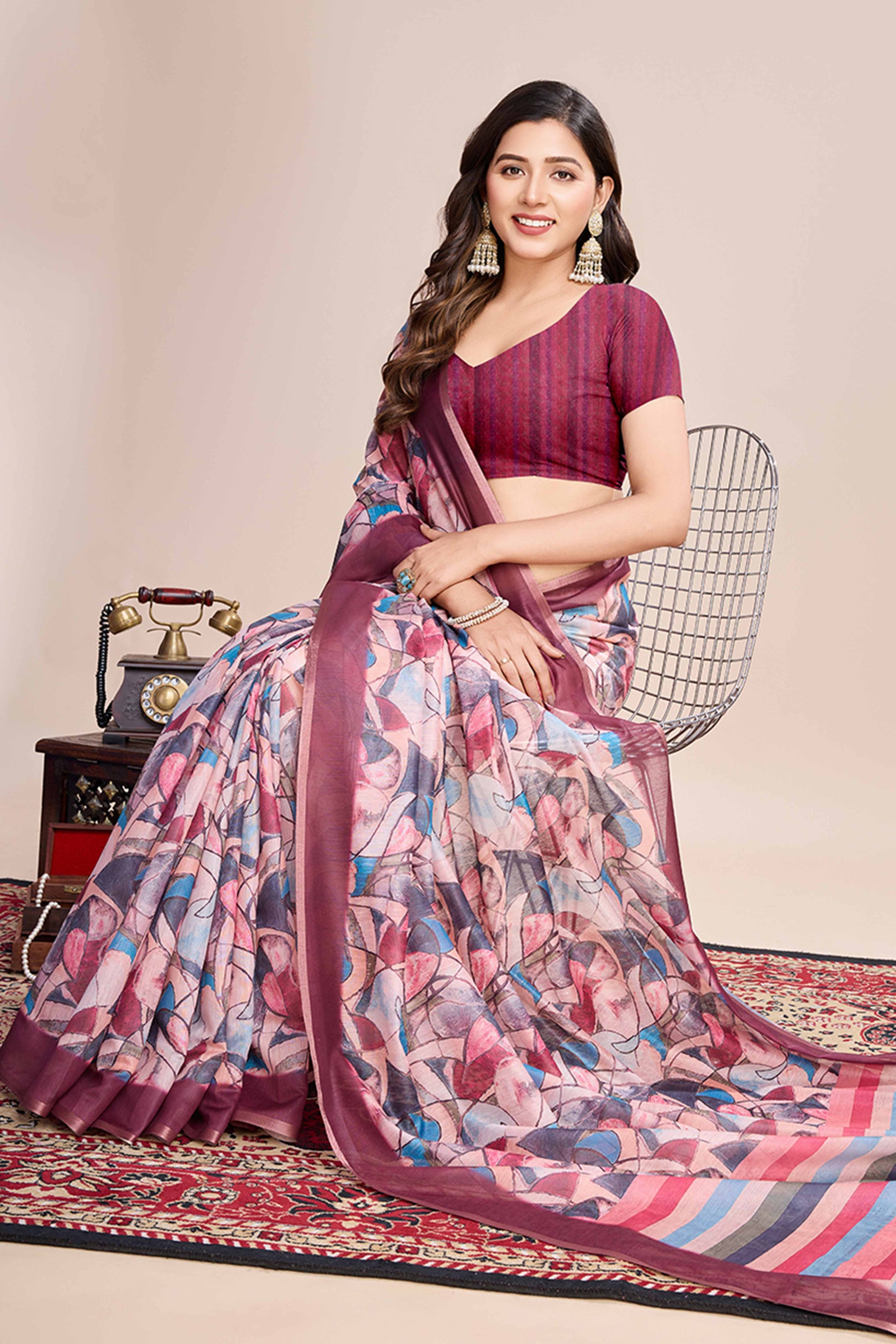 Multicolor Floral Printed Linen Saree