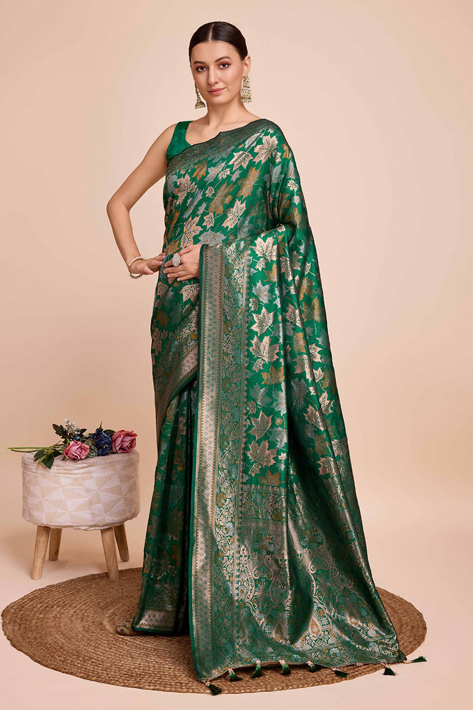 Dark Green Zari Weaving Pure Silk Saree