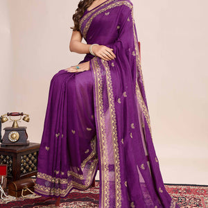 Magenta Floral Embroidered Vichitra Silk Saree