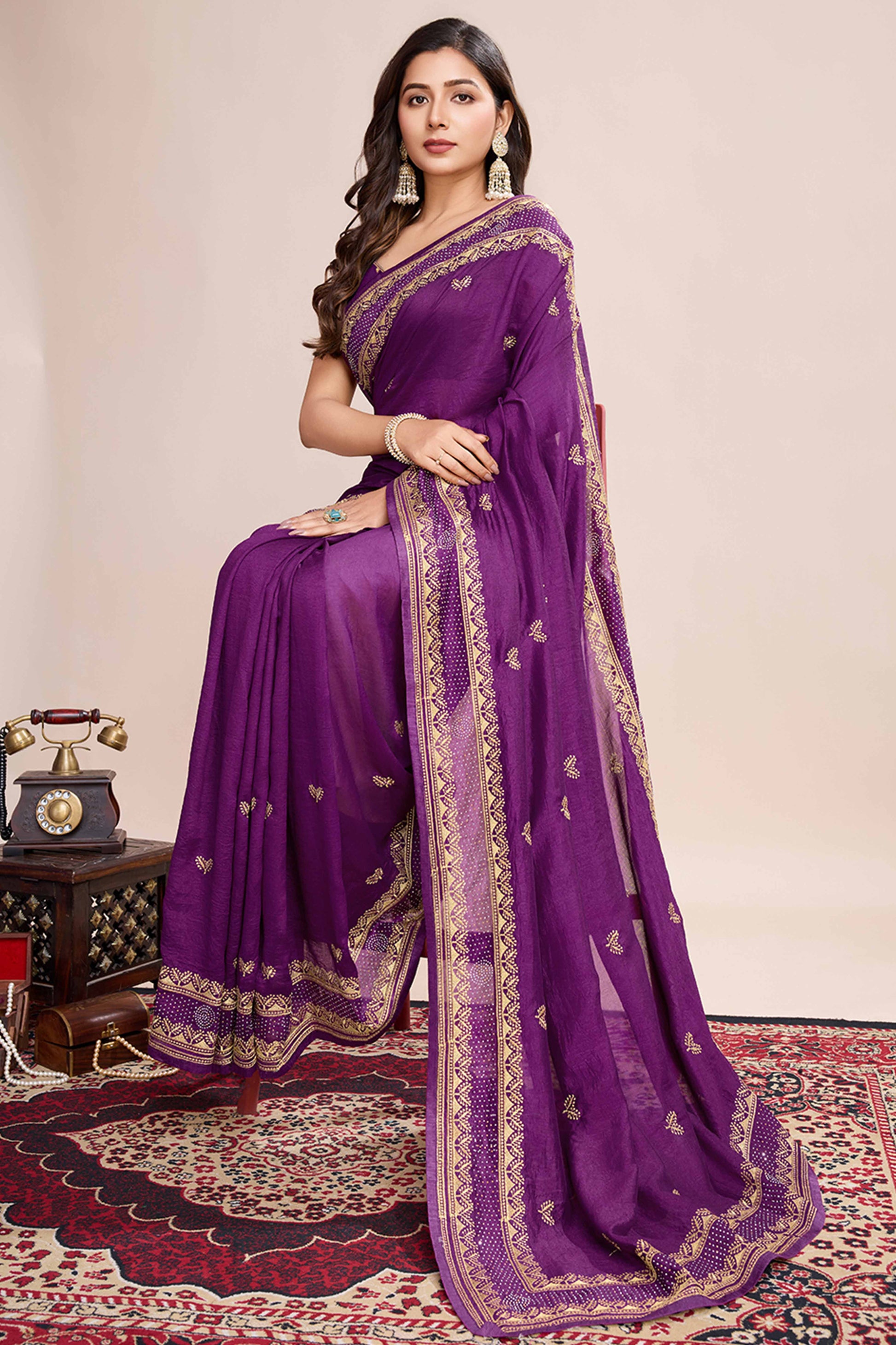 Magenta Floral Embroidered Vichitra Silk Saree