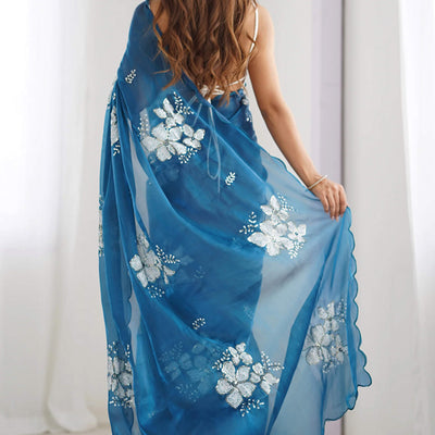 Blue Sequins Floral Embroidered Organza Saree