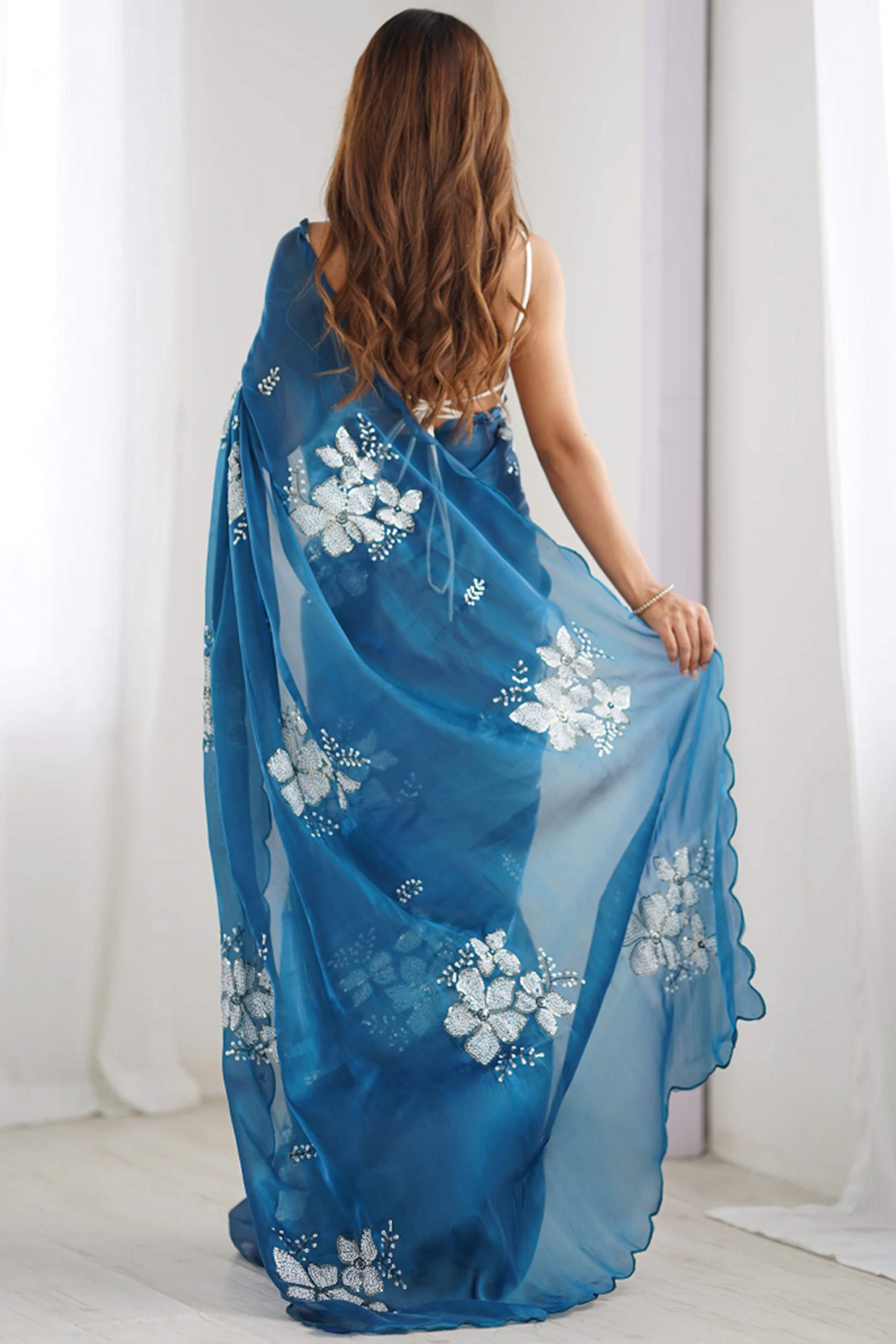 Blue Sequins Floral Embroidered Organza Saree