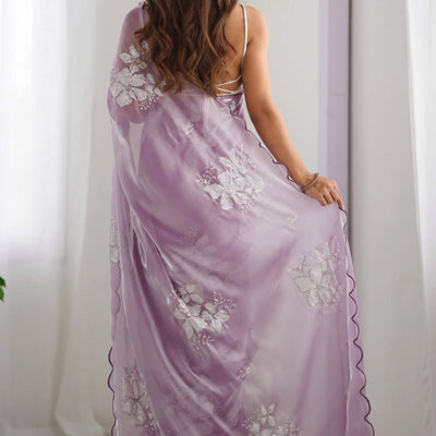 Lavender Sequins Floral Embroidered Organza Saree