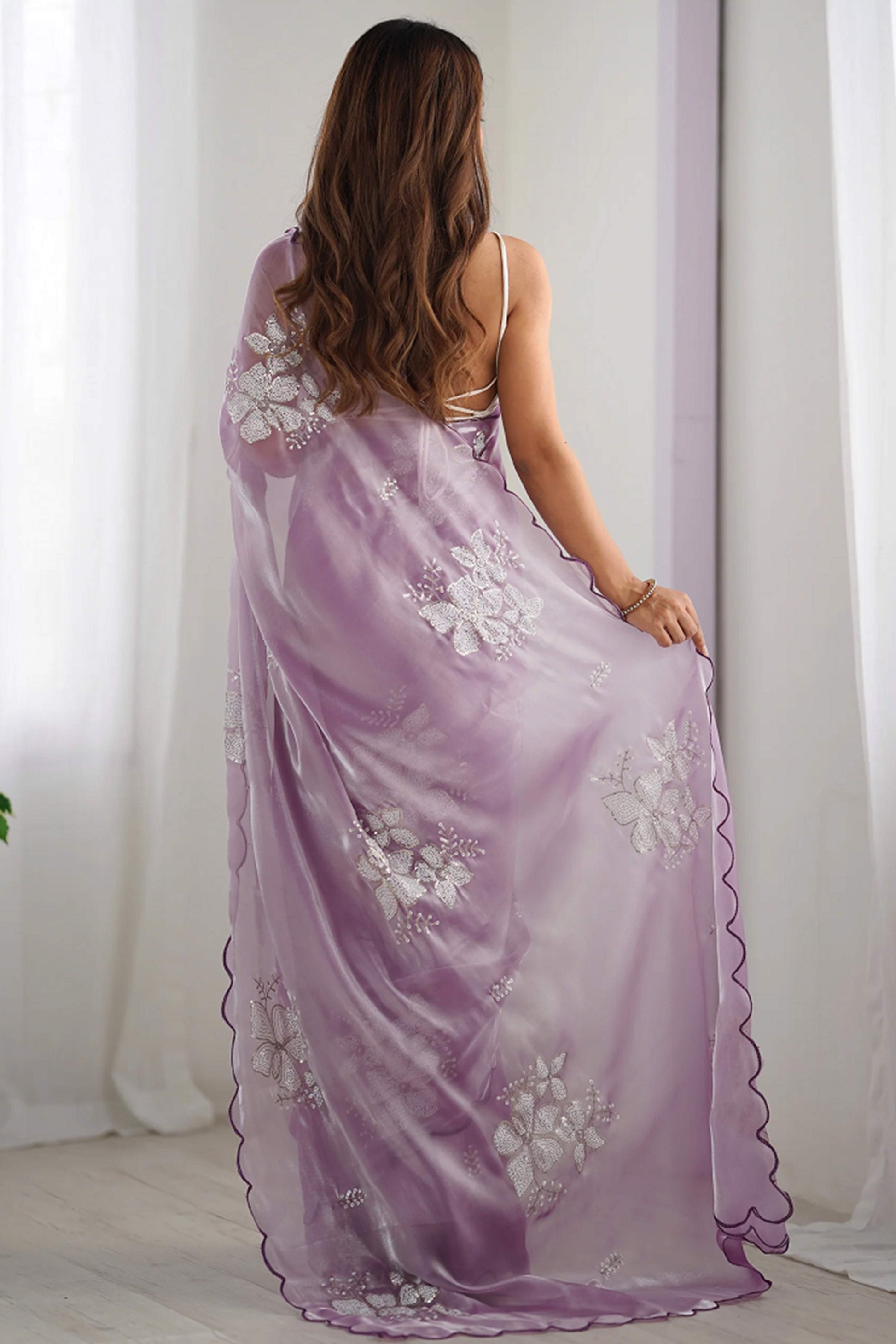 Lavender Sequins Floral Embroidered Organza Saree