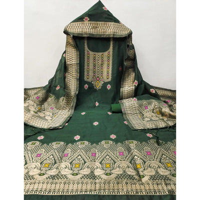 green-floral-woven-chanderi-dress-material