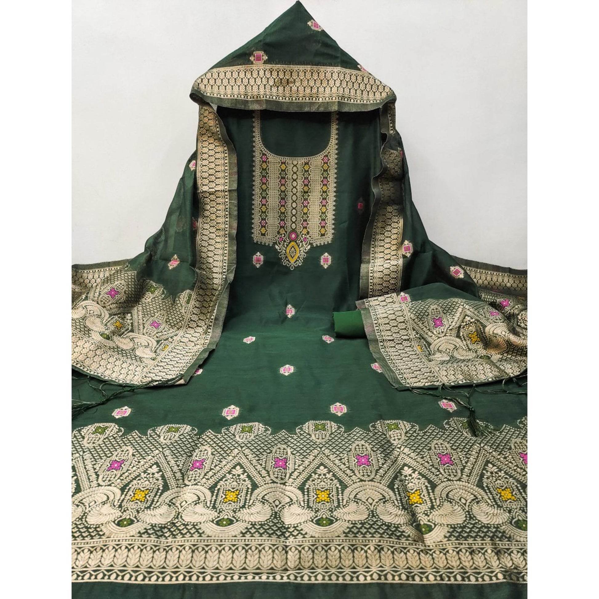 green-floral-woven-chanderi-dress-material