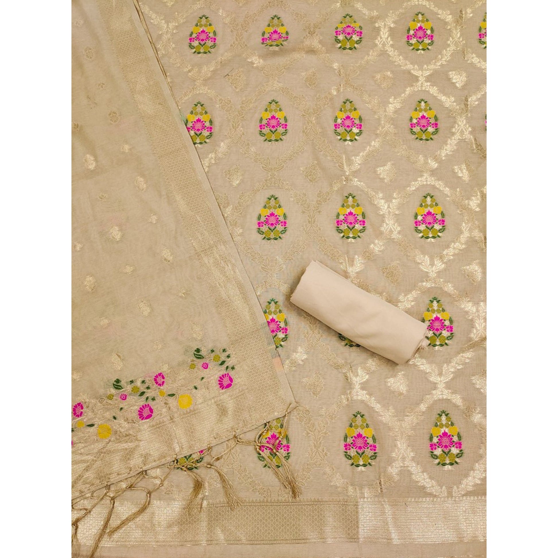 Chikoo Floral Woven Chanderi Dress Material