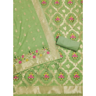 Light Green Floral Woven Chanderi Dress Material